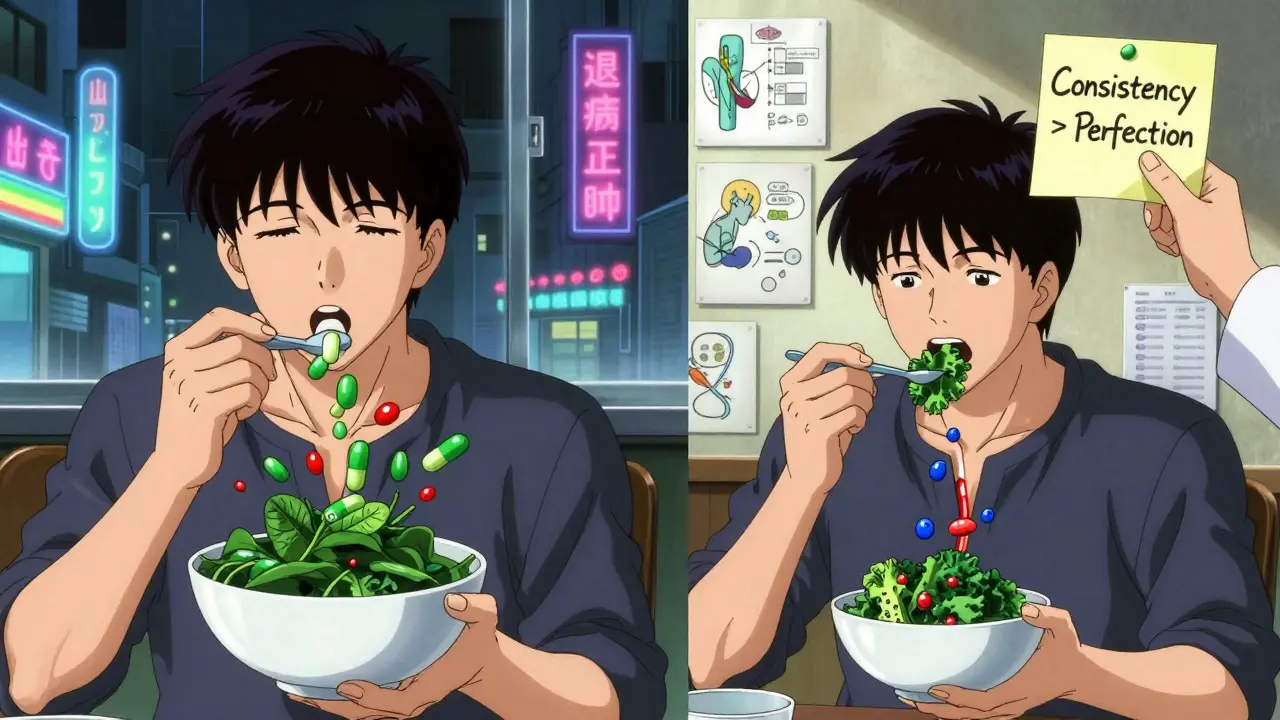 Split scene: spinach clashes with warfarin vs. consistent kale balancing blood-thinning effects.