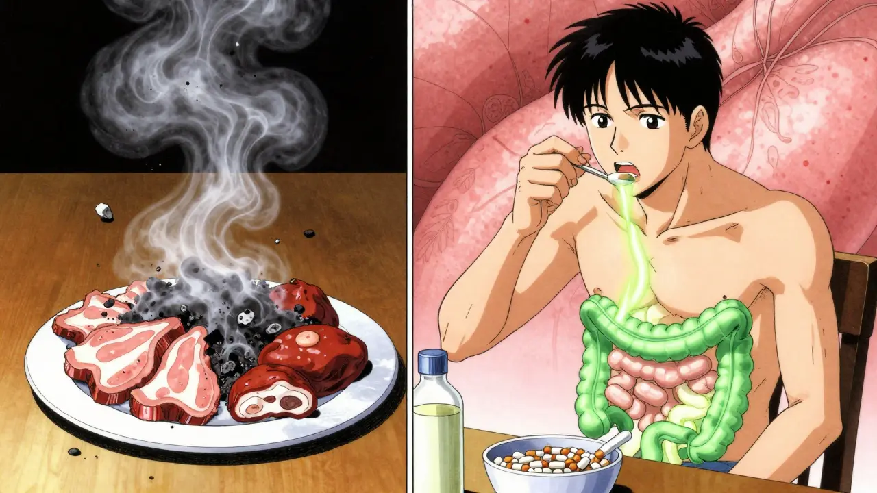 Split scene: toxic fatty meal vs. healthy meal with enzyme supplements, showing pancreatic scarring and healing light.