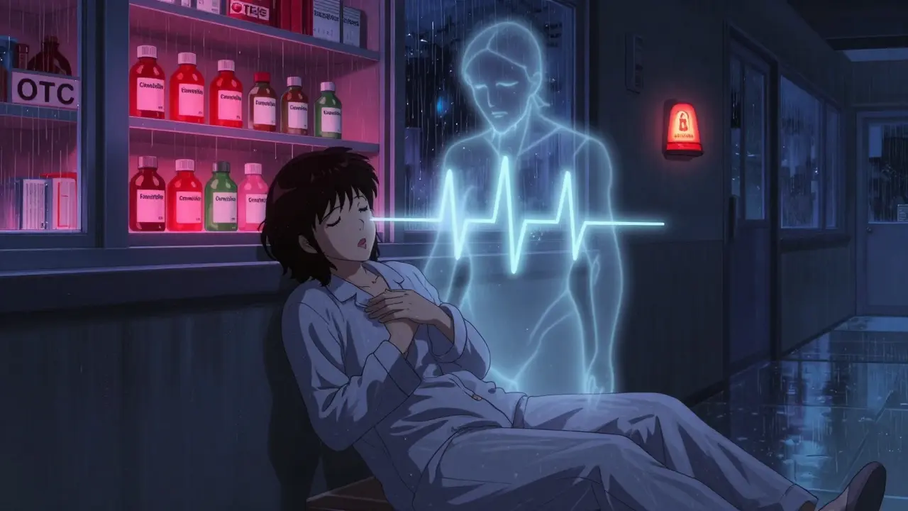 Woman collapsing with torsades ECG ghost rising, cimetidine bottles glowing red in background.