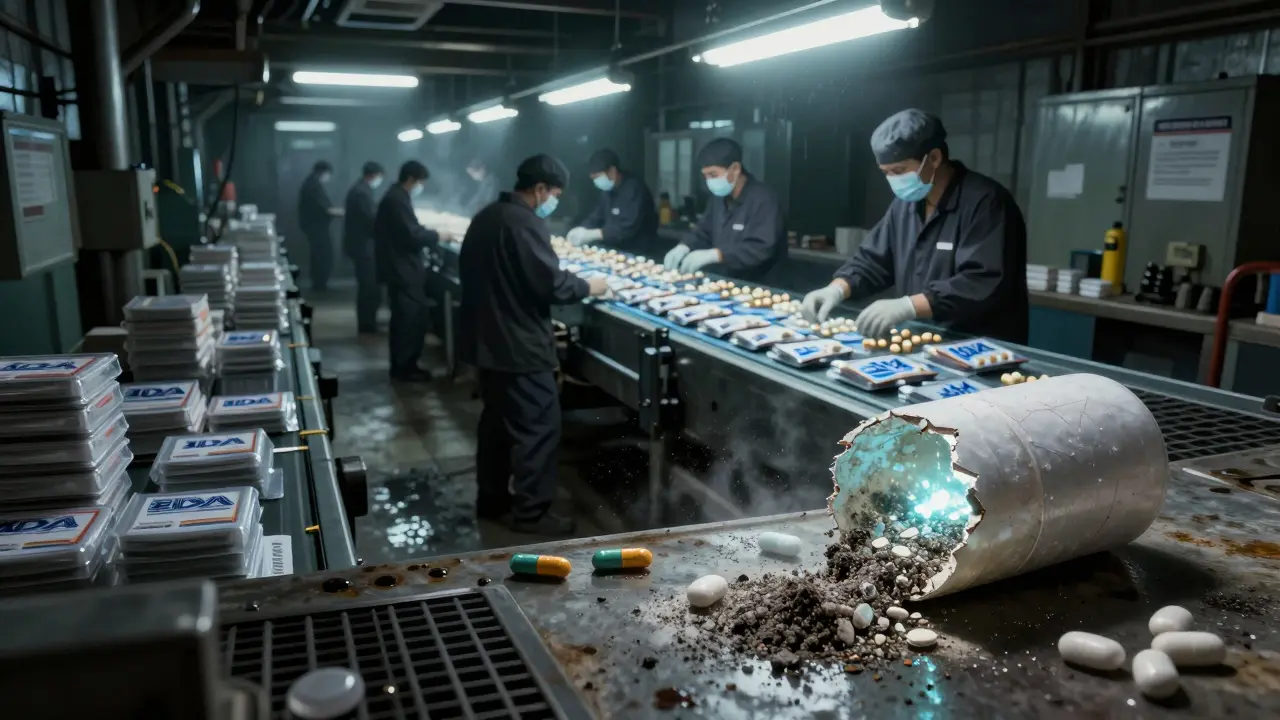 Workers packing counterfeit pills in a dark warehouse, fentanyl crystals visible in a broken pill.