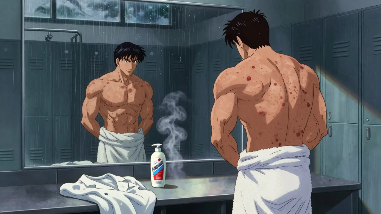 A bodybuilder examines his back in a mirror, showing fungal folliculitis, with ketoconazole shampoo nearby in a dim gym locker room.