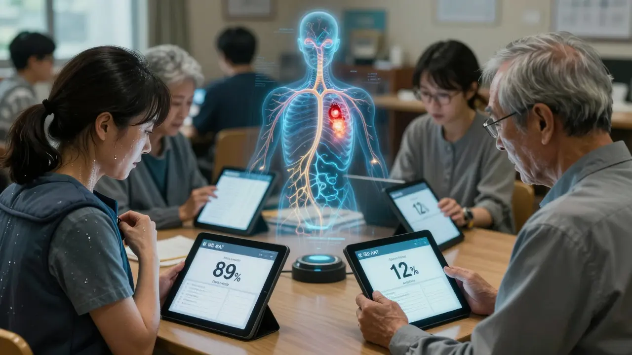 A group of MS patients using a symptom assessment app, with a holographic nervous system showing healthy and damaged nerves in Otomo-style realism.