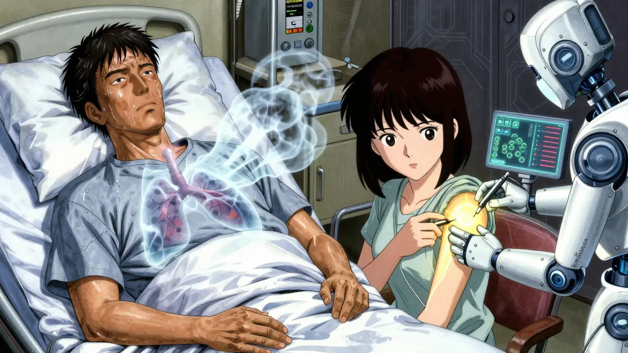 A man with pneumonia and a woman getting a flu shot, shown side by side with glowing medical data and digital health indicators.