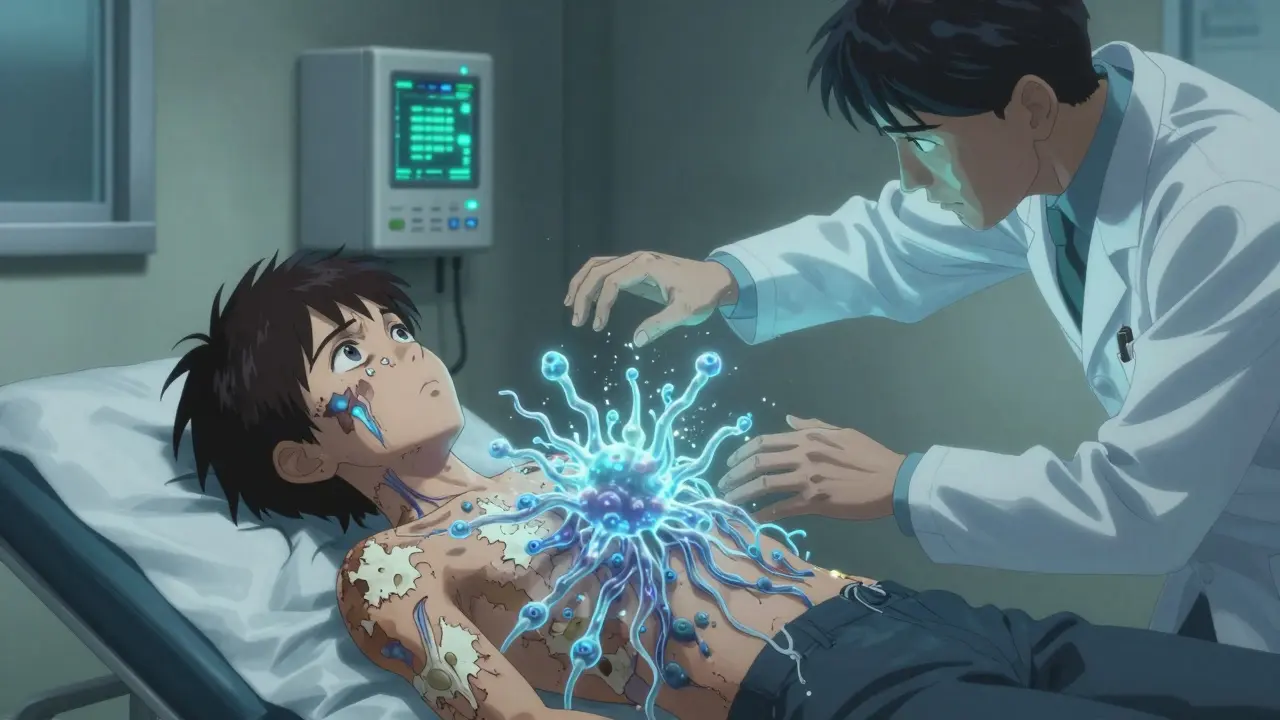 A patient collapses from anaphylaxis, skin peeling as glowing immune cells surge from their body, while a doctor reaches out in shock.