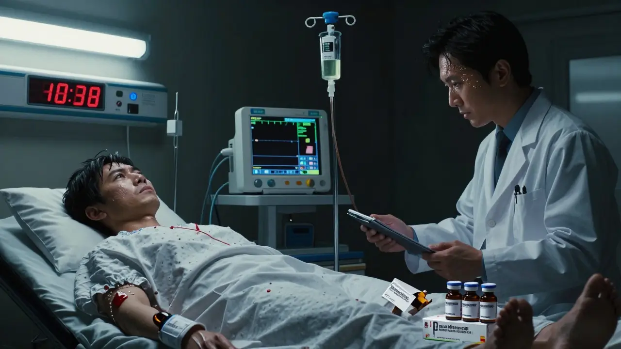 A pharmacist monitoring a ventilated patient's blood levels as a generic IV drip flows, with a drug shortage alert glowing on the wall.