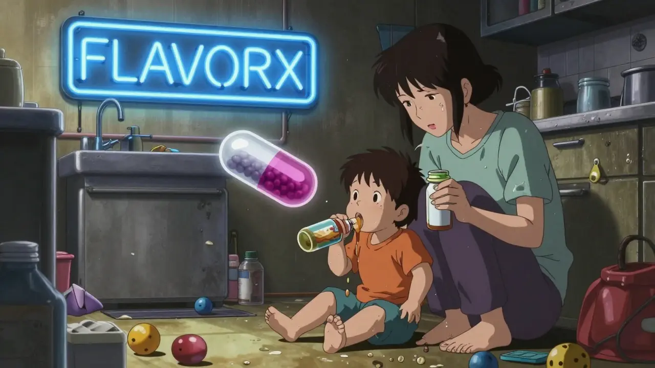 A toddler spitting out bitter medicine on the kitchen floor while a glowing flavor solution hovers nearby.