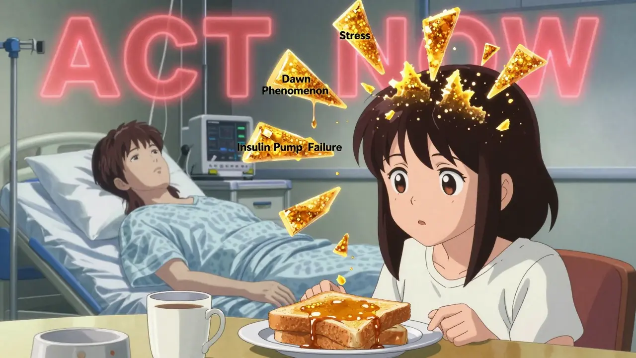 A woman sees sugar crystals explode into trigger labels above her breakfast, while her future hospitalized self looms behind her.