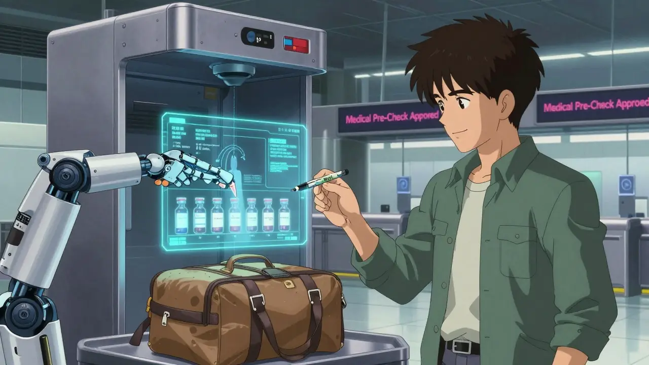 AI scanner identifying medical supplies in futuristic airport security lane.