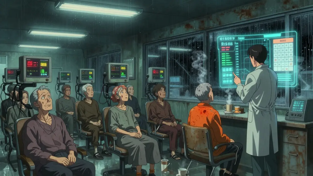 An aging patient clinic at night with holographic immune monitors and a doctor using AI, under flickering fluorescent lights.