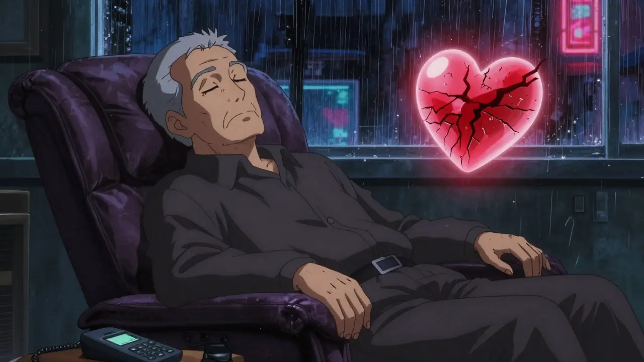 An elderly man slumped in a chair, a fading heart graphic beside him, rain on the window.