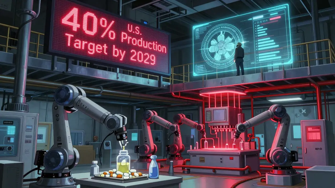 An underground U.S. drug manufacturing facility with robotic arms, glowing pipelines, and a digital target display.