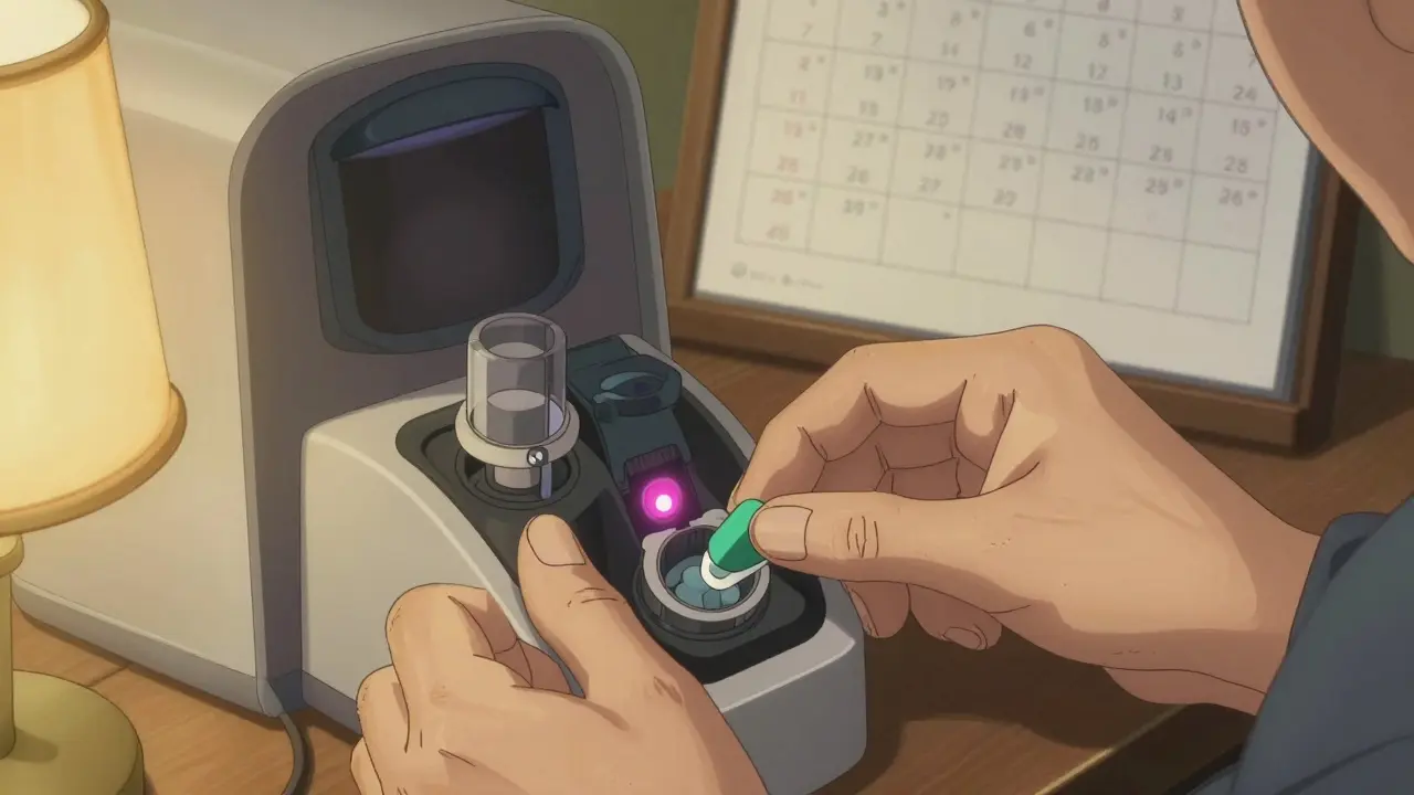 Elderly person using automated pill dispenser with caregiver assistance