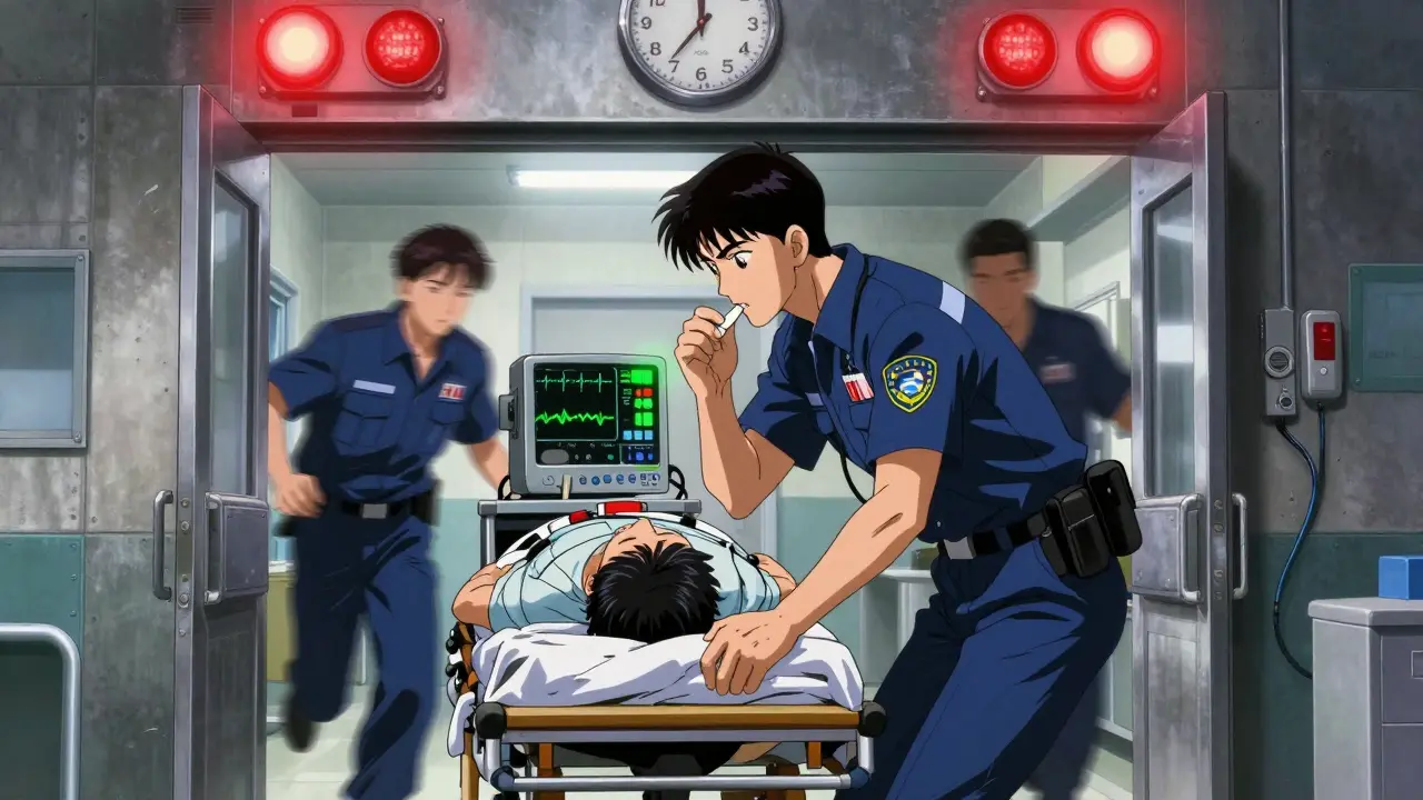 Paramedics rushing a patient into a hospital, ECG monitor glowing, clock showing elapsed time.