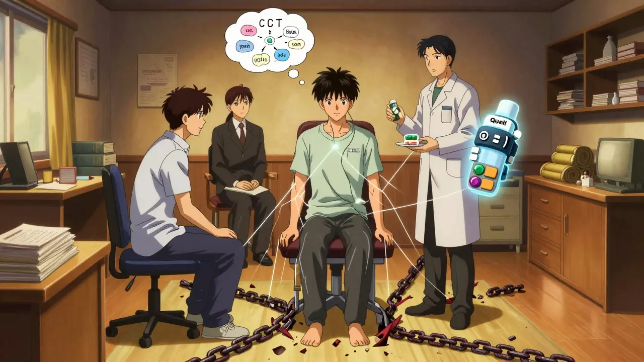 Patient surrounded by healthcare elements in warm light, shattered chains of harmful treatments at feet.