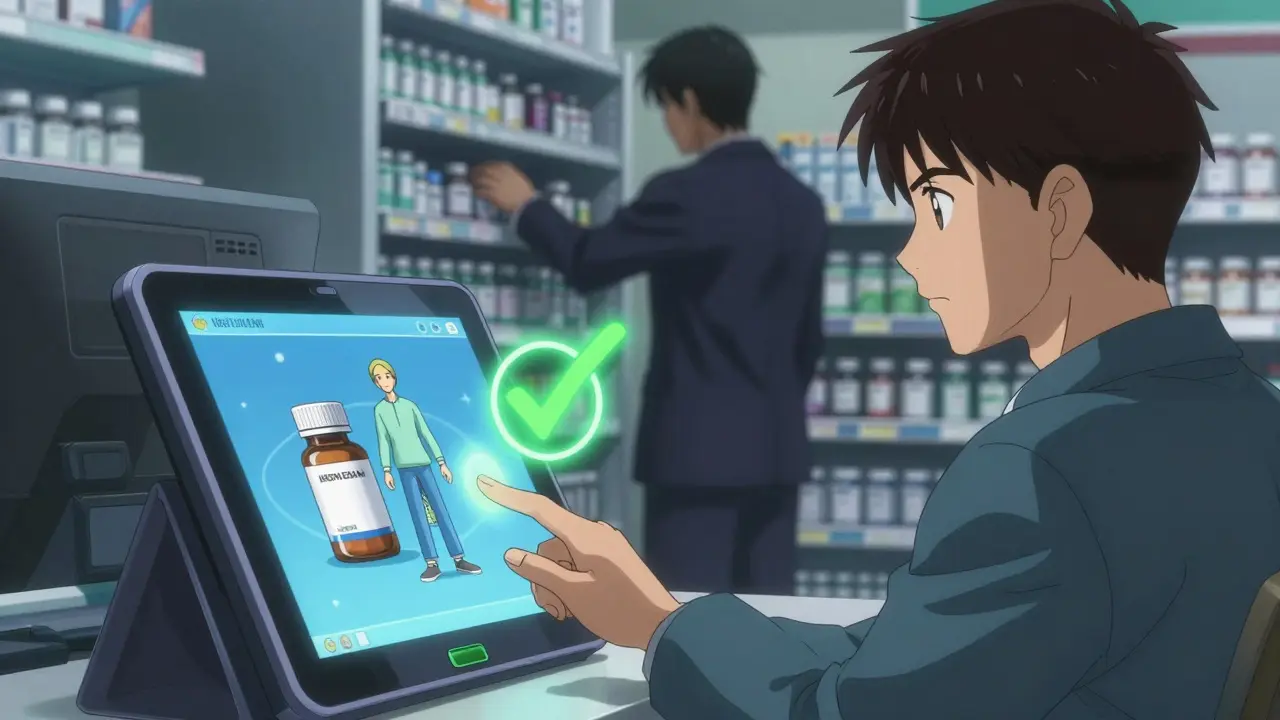 Patient using pharmacy verification kiosk with 3D medication model and green checkmark.