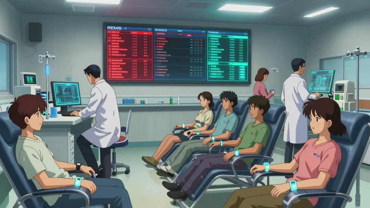 Patients receiving treatment in a hospital infusion center with real-time REMS monitoring dashboards.