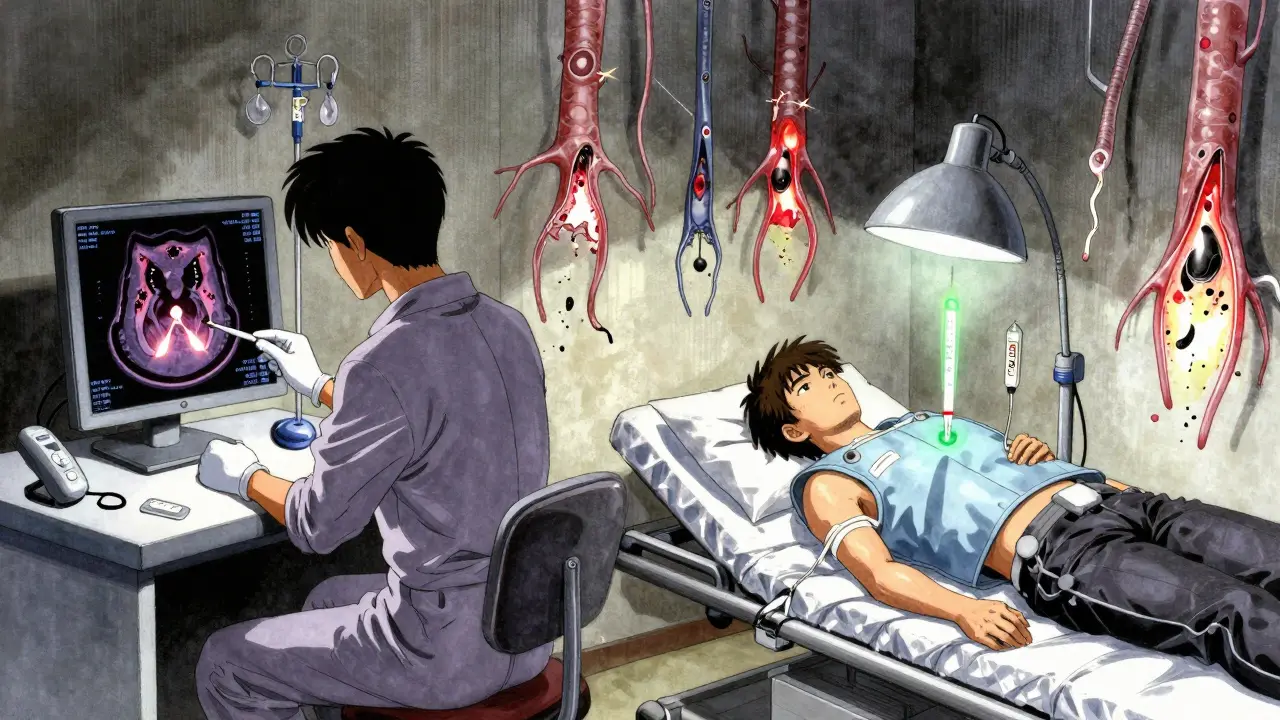Side-by-side scene showing IV steroid treatment versus cooling for MS symptoms, with glowing MRI and urine test visuals in detailed anime style.
