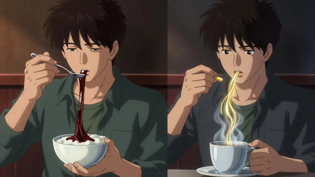 Side-by-side scenes of antibiotic absorption: blocked by dairy vs. successful uptake with water.