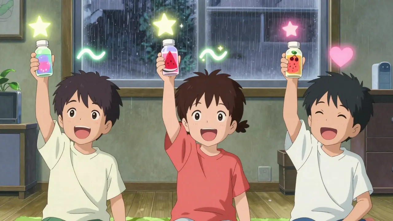 Three children in different homes each smile while holding brightly flavored liquid medications with glowing symbols.