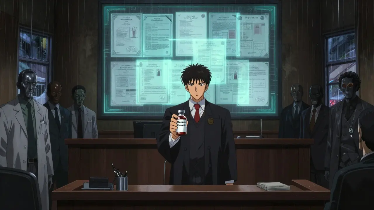 A generic drug maker faces a holographic patent thicket in a tense courtroom scene.