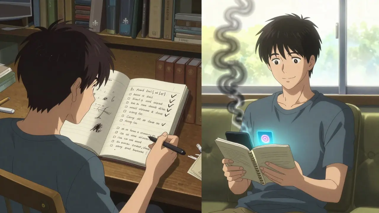 A man comparing his anxious journal entries to calm ones two weeks later, with fading shadows.