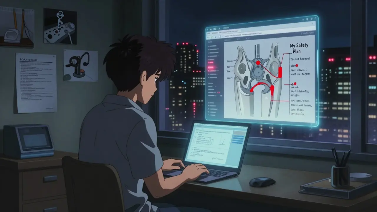 A person at home reviews medical records and a recall flowchart, with digital alerts glowing on a laptop screen.