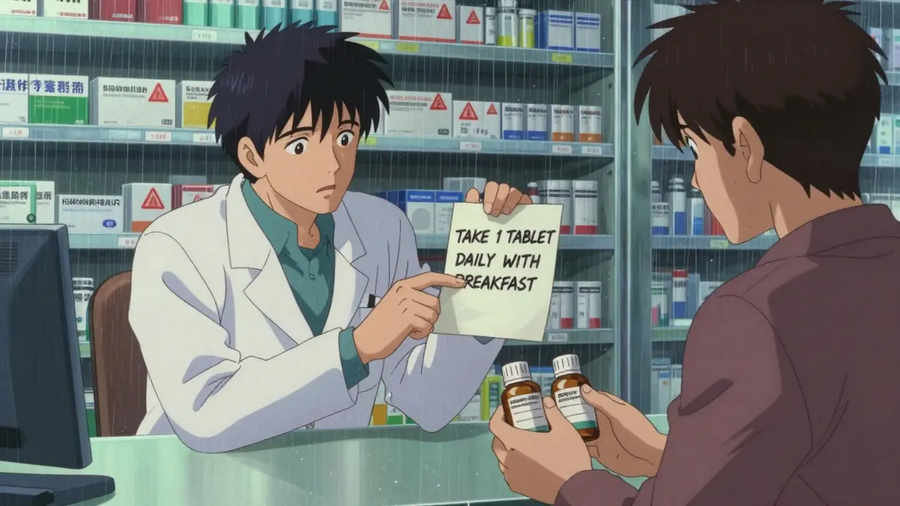 A pharmacist writes clear instructions on a label while a patient holds two bottles with conflicting directions in a rainy pharmacy.