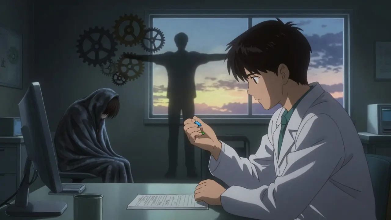 A psychiatrist holds two pills as a patient's shadow splits into two figures—one isolated, one radiant—under glowing synapses, illustrating the neurological contrast between SSRIs and bupropion.