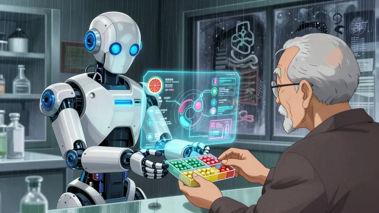 A robot hands a color-coded pill organizer to an elderly patient, surrounded by holographic drug interaction charts.