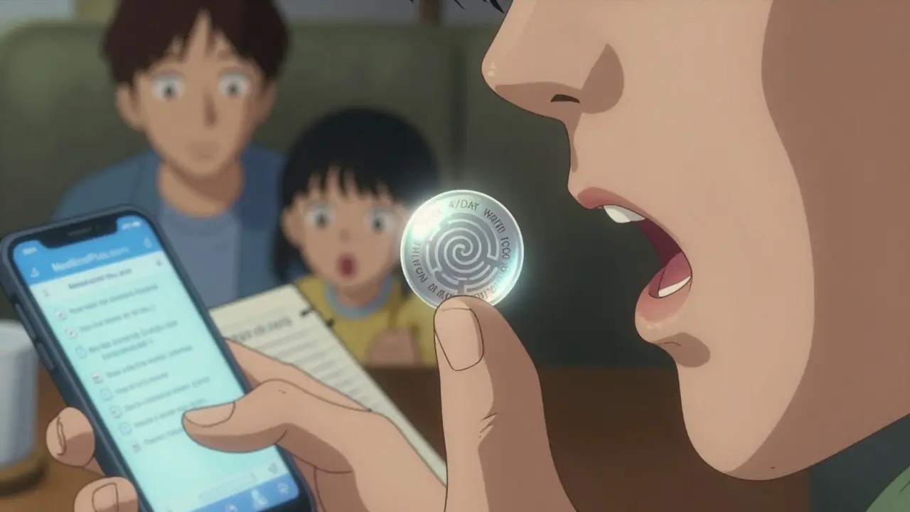 A transparent pill reveals internal instructions as a family member takes notes, with a smartphone displaying trusted drug information.