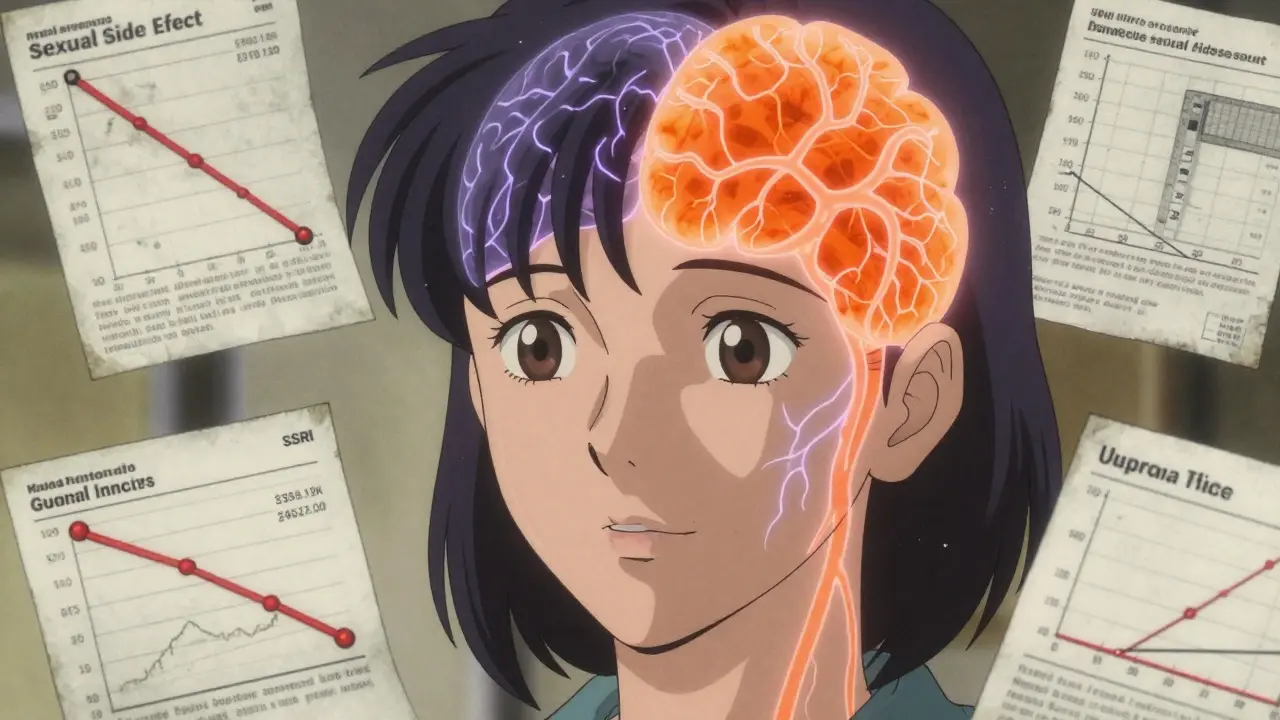 A woman's face illuminated by neural pathways—violet serotonin fading, orange dopamine glowing—as medical data floats around her, depicting relief after switching antidepressants.