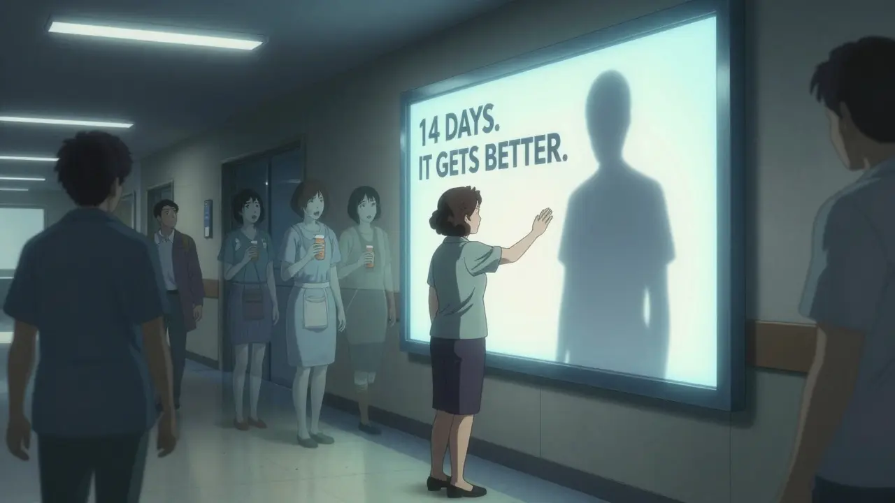 A woman touching a billboard that says '14 DAYS. IT GETS BETTER.' as her fearful past selves vanish.