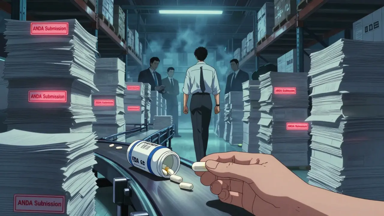 An FDA inspector walks through mountains of rejected drug applications under cold blue light.