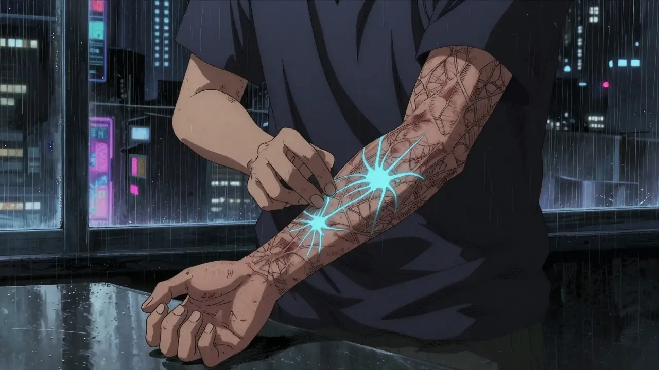 Character examining glowing rash on arm, rainy window background, detailed manga art