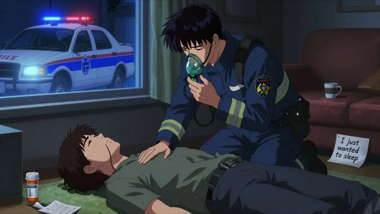 Emergency responder administers oxygen to an unresponsive person on the floor, pill bottles and note visible in background.