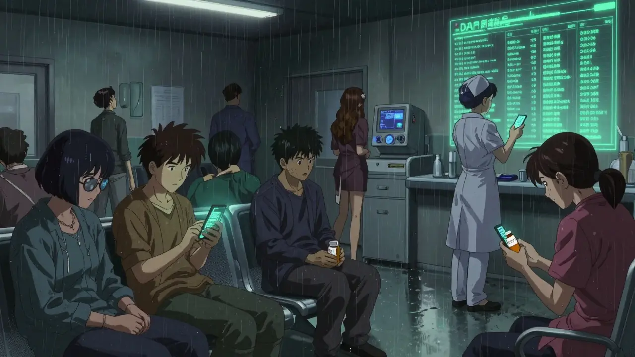 Patients in an emergency room check phones with FDA recall alerts while a nurse projects device data on a wall.