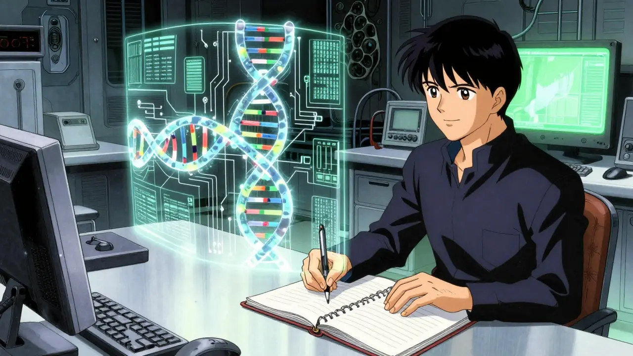 Person analyzing DNA circuit helix, high-tech laboratory setting, heavy ink line art