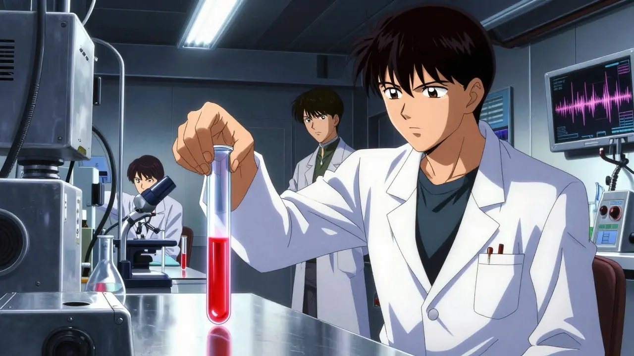 Scientist examining glowing test tube in industrial lab.