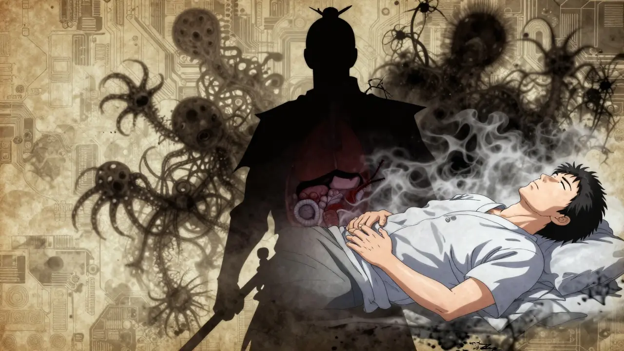 Silhouette showing ancient warrior fading into modern patient.