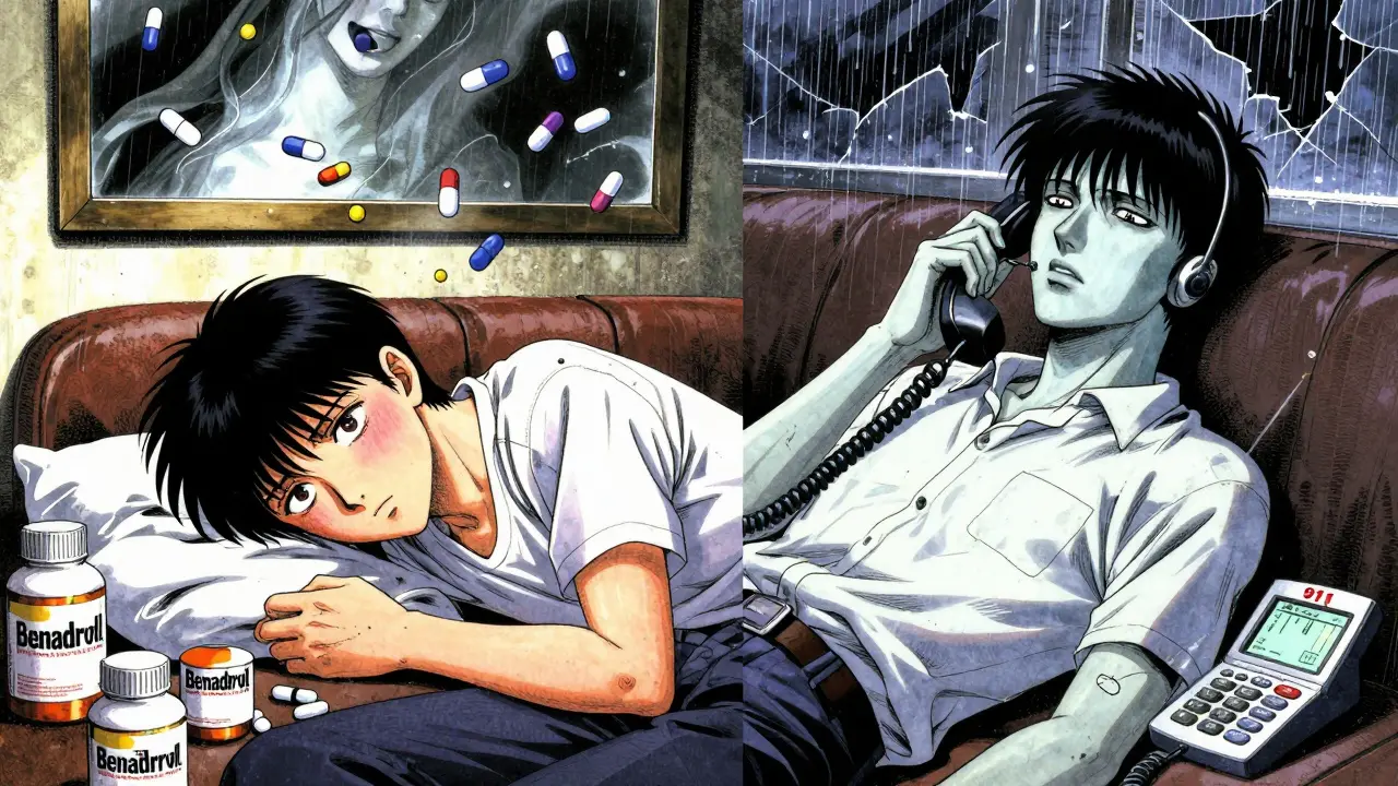 Split scene: one side shows hallucinations from Benadryl overdose, other shows the same person cyanotic and still.