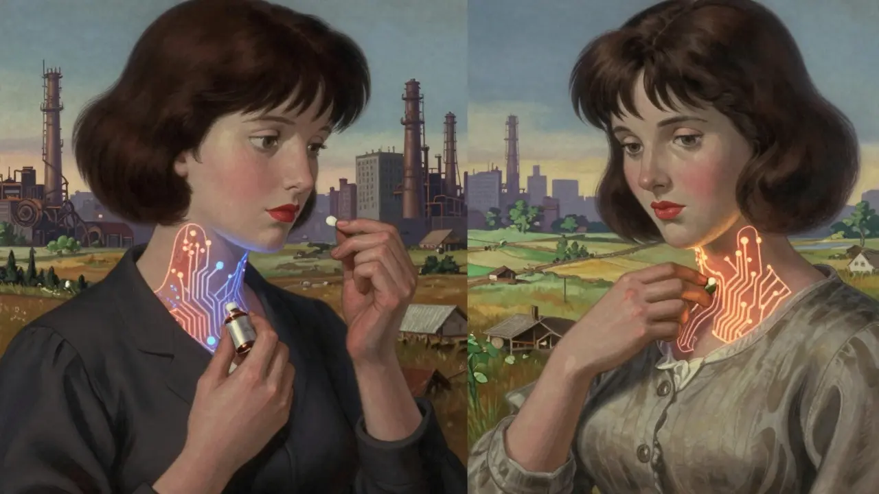 Two women across time, one receiving iodine in 1910s, the other checking prenatal vitamins, glowing thyroid pathways connecting them.