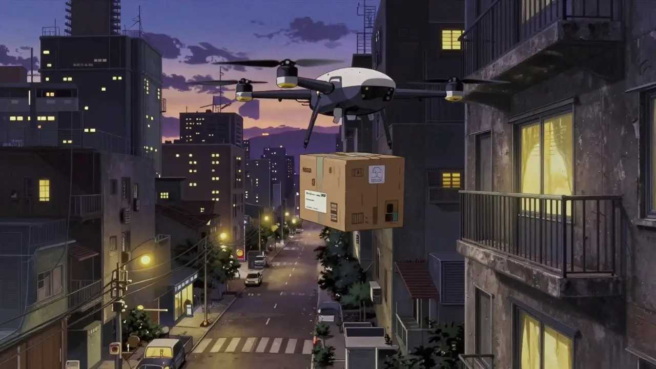 A delivery drone bringing a medical package to a futuristic city apartment.