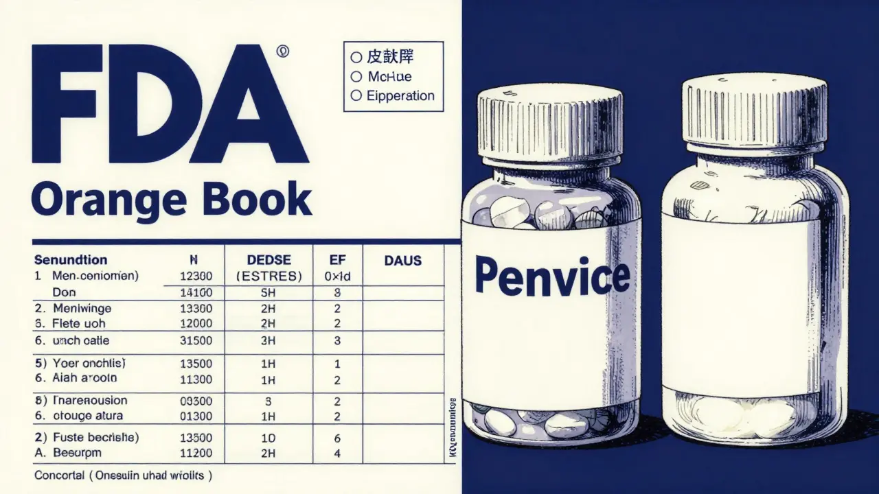 A detailed manga illustration of the FDA Orange Book next to brand and generic medicine bottles.