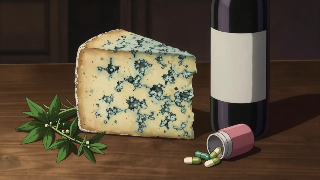 Aged cheese, red wine, and herbal supplements arranged on a table in manga style.