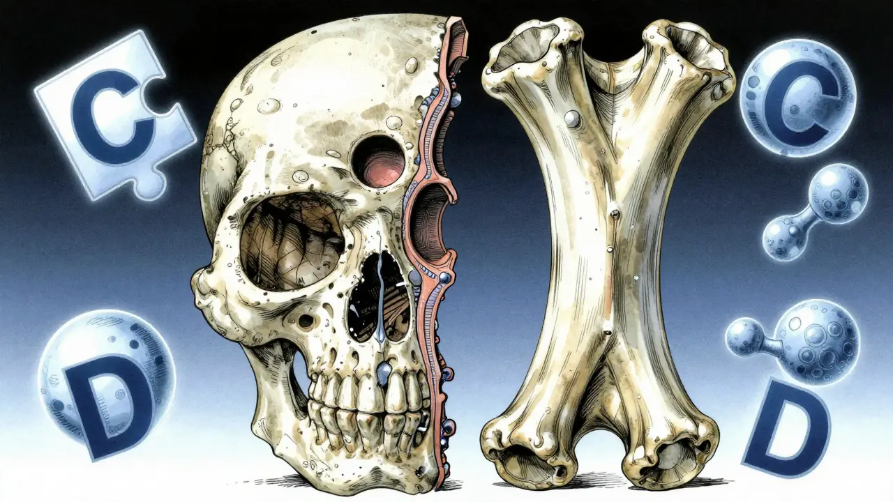 Comparison of brittle versus dense bone structure with floating nutrient molecules.