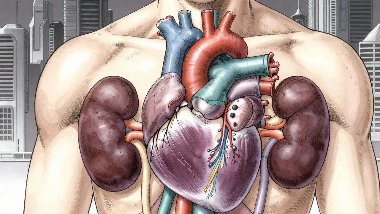 Detailed anatomical diagram of heart and kidneys showing fluid balance in manga style.