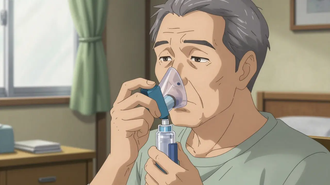 Elderly man using an inhaler with a spacer device in a detailed room