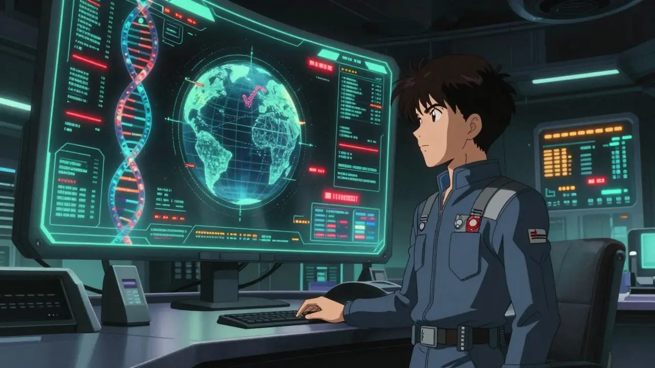 Futuristic command center with AI holograms monitoring genetic data and drug signals.