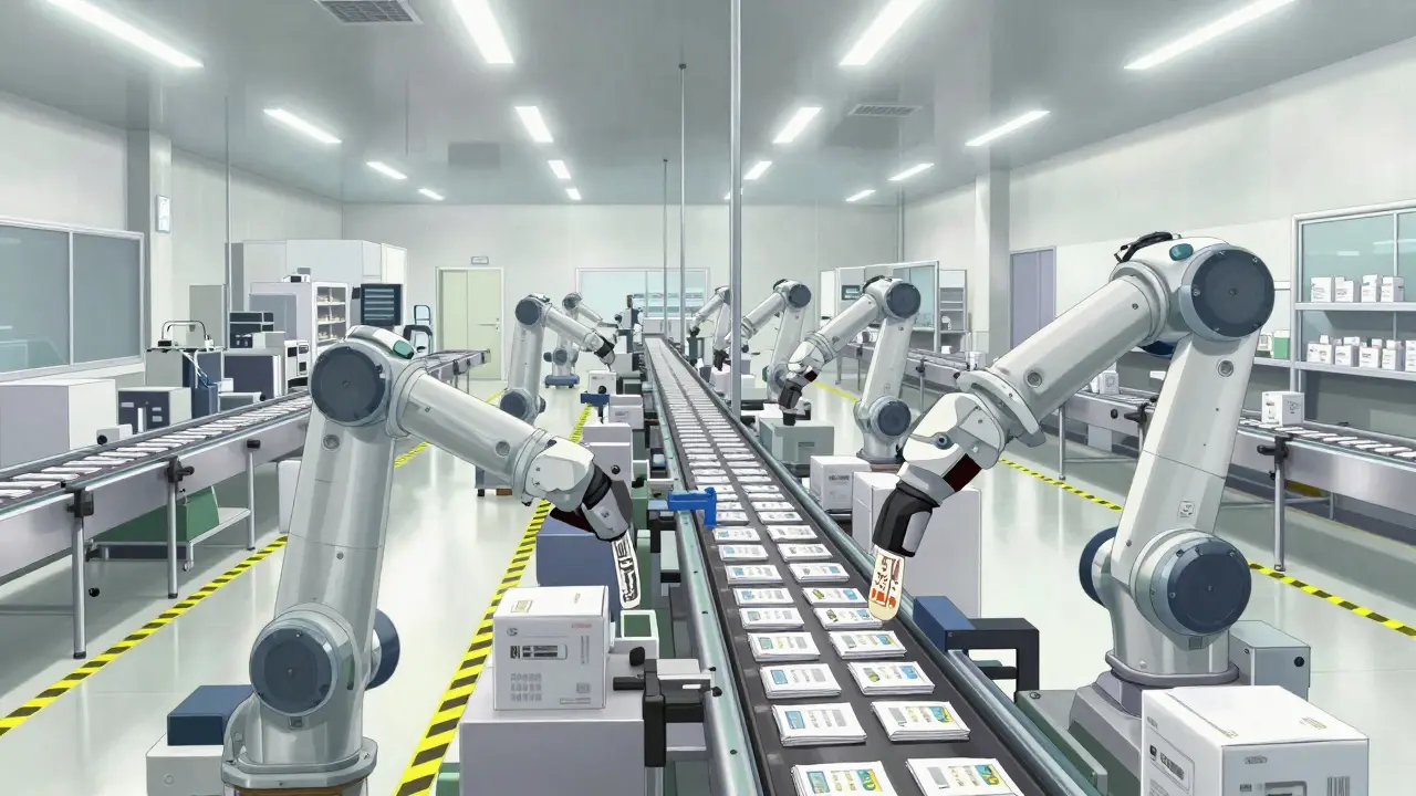 High-tech automated pharmacy distribution center with conveyor belts and packages