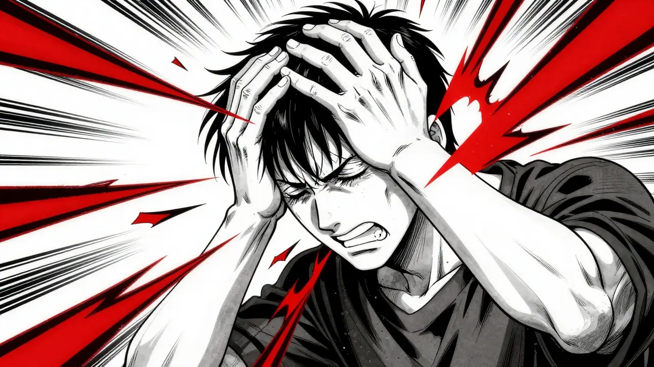 Person experiencing a severe headache with explosive energy lines in anime style.